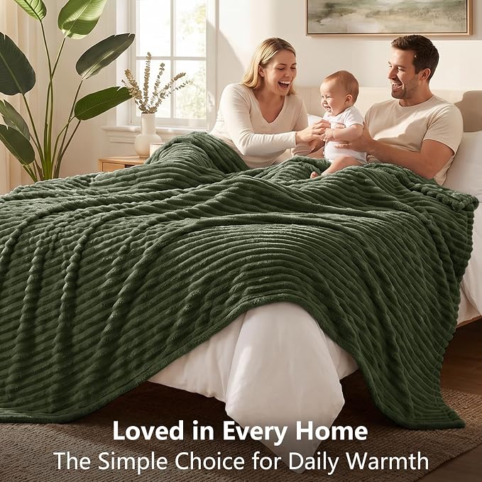 Olive Green Throw Blanket for Couch & Bed, 50 x 60 Inch | 300GSM Ribbed Fleece Blanket, Soft, Cozy & Lightweight, OEKO-TEX Certified, All-Season Use for Travel, Dorm & Home Decor