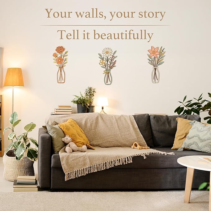 CarryWise 3 Piece Metal Flower Wall Art for Bedroom Living Room Rustic Farmhouse Floral Wall Decor for Bathroom Dining Room Boho Home Decorations Modern Minimalism Walls Hanging Sculptures