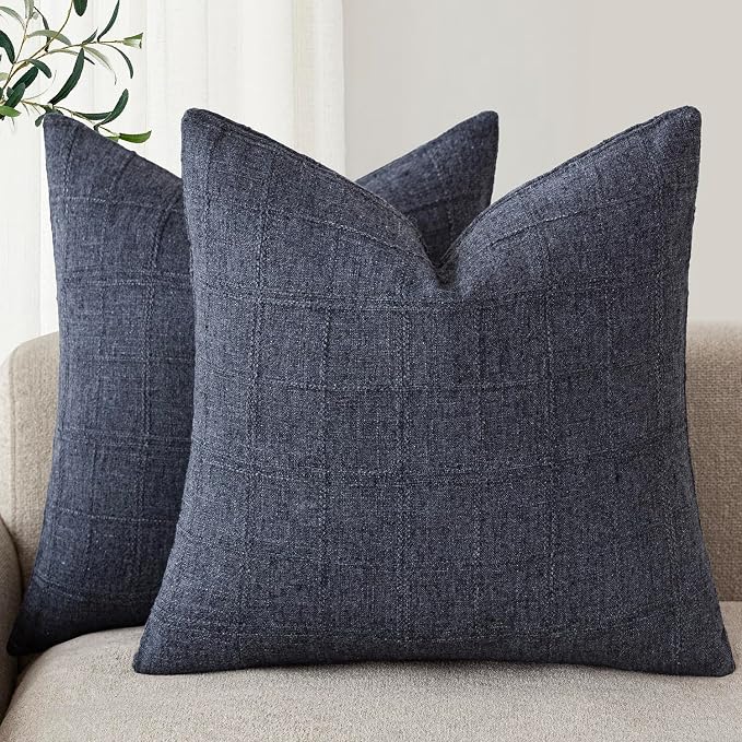 Foindtower Set of 2 Decorative Linen Check Throw Pillow Covers Neutral Farmhouse Vintage Cushion Covers Modern Boho Home Decor for Sofa Chair Couch Bedroom Living Room,16×16 Inch,Navy Blue