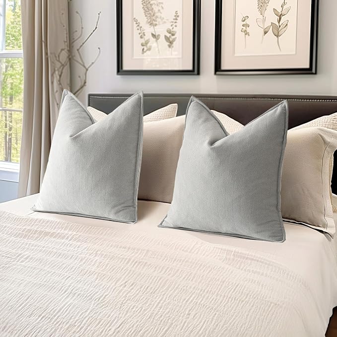 MIULEE Pack of 2 Light Grey Euro Shams Chenille Pillow Covers 22x22 Inch | Decorative Soft Couch Throw Pillows,Farmhouse Cushion Covers,Elegant Design for Sofa,Bed,Living Room,Summer Decor