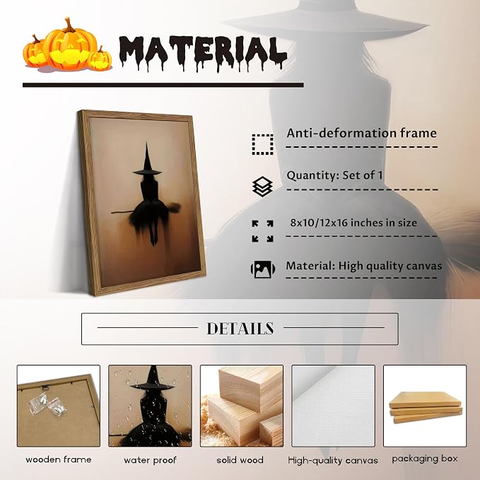 Framed Vintage Witch Wall Art, Minimalist Halloween Witch Canvas Prints, Spooky Gothic Dark Academia Witches Painting, Rustic Aesthetic Halloween Wall Decor for Bedroom Living Room 8x10 inch