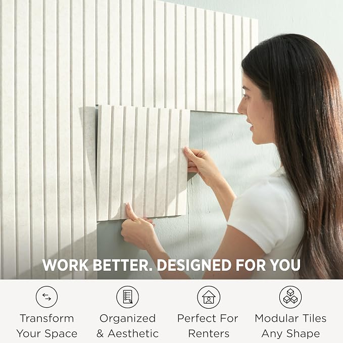 Felt Bulletin Board Tiles 48"x36" - 12-Pack Cork Board Alternative, OEKO-TEX Certified, NRC 0.95 Acoustic Felt Wall Panels, Damage-Free Adhesive, Slatted Design Home Office & Classroom (Linen)