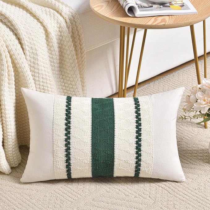 Fancy Homi Set of 1 Dark Green Boho Long Lumbar Decorative Throw Pillow Covers 16x24 Inch for Couch Bed Sofa Bedroom, Modern Farmhouse Vintage Forest Green Living Room Decor, Women Teen Girls Gift