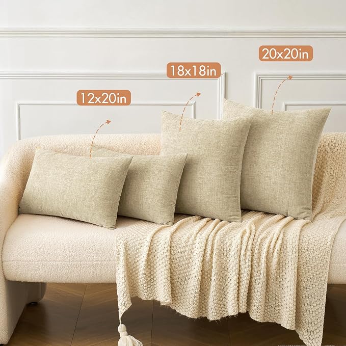 MIULEE Soft Chenille Lumbar Throw Pillow Covers Beige 12x20 Inch Pack of 2 | Modern Home Decor, Classic Decorative Pillows, Solid Dyed Cases, Boho Couch Cushion Covers for Sofa Bed Living Room