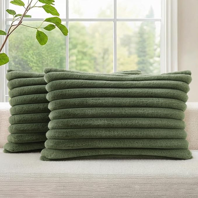 decorUhome Fall Faux Fur Throw Pillow Covers 12x20 Set of 2 Olive Green | Decorative Soft Cozy Striped Plush Modern Farmhouse Boho Couch Pillow Cases Velvet Back for Sofa Bed Living Room Home Decor