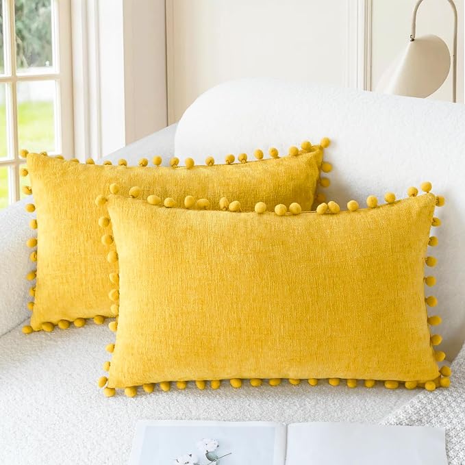 CaliTime Decorative Throw Pillow Covers 20 X 12 Inches Mustard Yellow | Pack of 2, Cozy Chenille Cushion Cases, with Pom Poms for Sofa Bed Living Room Farmhouse Home