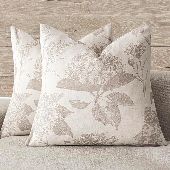 Foindtower Set of 2 Linen Floral Vintage Throw Pillow Covers Neutral Accent Decorative Cushion Covers Farmhouse Boho Home Decor for Sofa Chair Couch Bedroom Living Room,22×22 Inch,Tan Beige