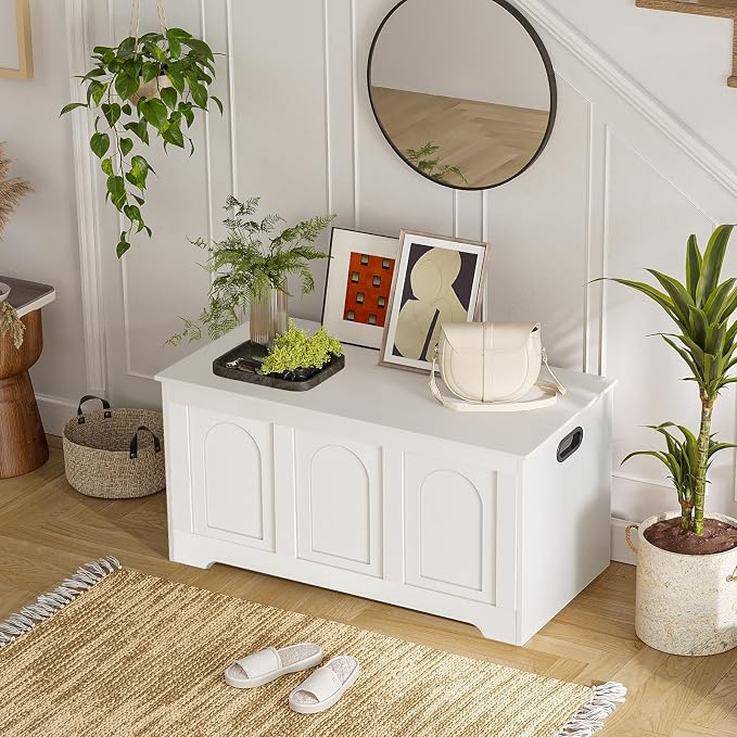 Storage Chest, Wooden Toy Box, White 39.4" L | Entryway Shoe Bench, 2 Soft-close Hinges, Finger-safe Flip-Top Lid, Easy Assembly, Farmhouse Large Trunk, Living Room/Bedroom