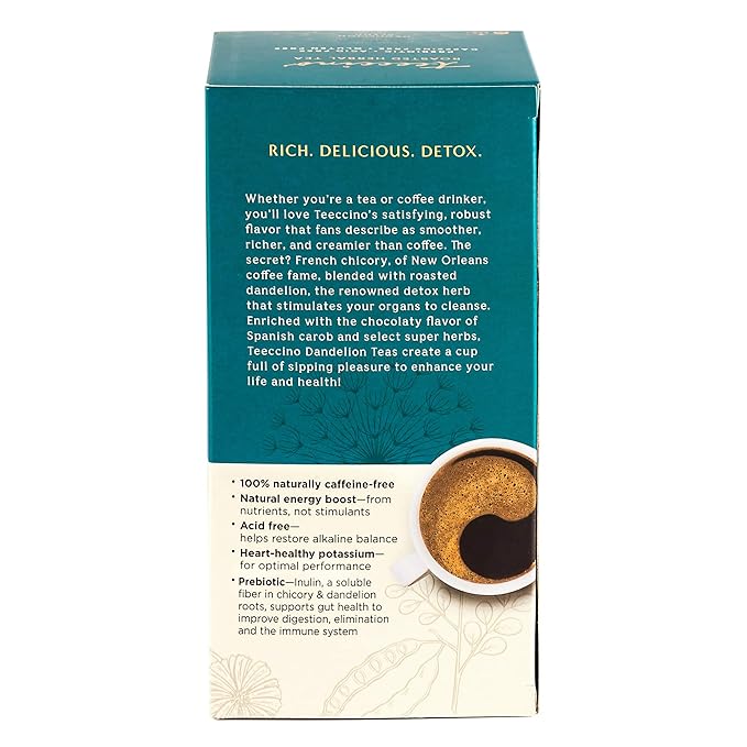 Teeccino Dandelion Herbal Tea - Vanilla Nut - Caffeine Free, Prebiotic, Gluten Free, 3x More Herbs - 25 Tea Bags
