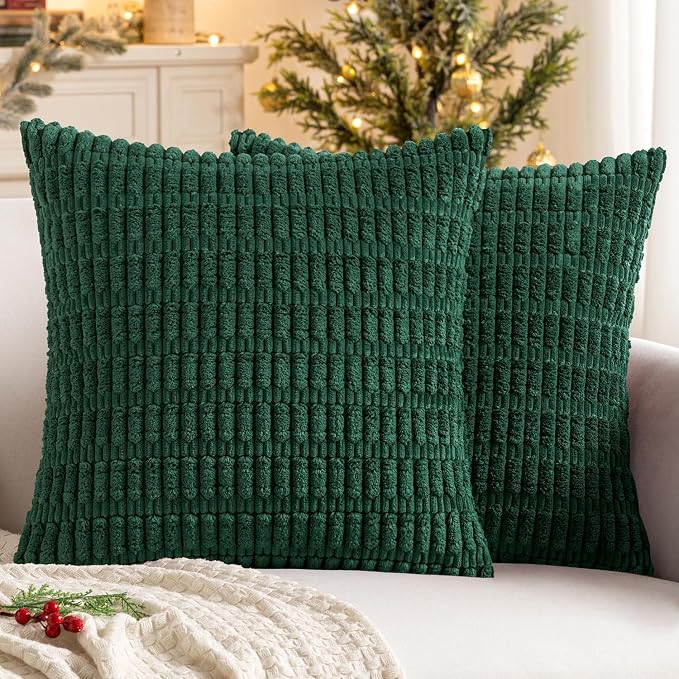 MIULEE Corduroy Decorative Throw Pillow Covers 16x16 Dark Green Pack of 2 | Soft Boho Striped Pillow Covers Modern Farmhouse Home Decor For Sofa Living Room Couch Bed