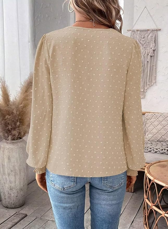 Womens Tops Swiss Dot Boho Long Sleeve Shirts V Neck Casual Chiffon Blouses Flowy Lace Hem Cute Clothing Trendy 2026