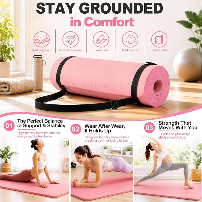 HULKFIT High Density Non Slip Yoga Mat, Extra Thick Exercise Mat with Carrying Strap, for Pilates, Fitness, Home Gym & Floor Workouts - Multiple Thickness & Multiple Color