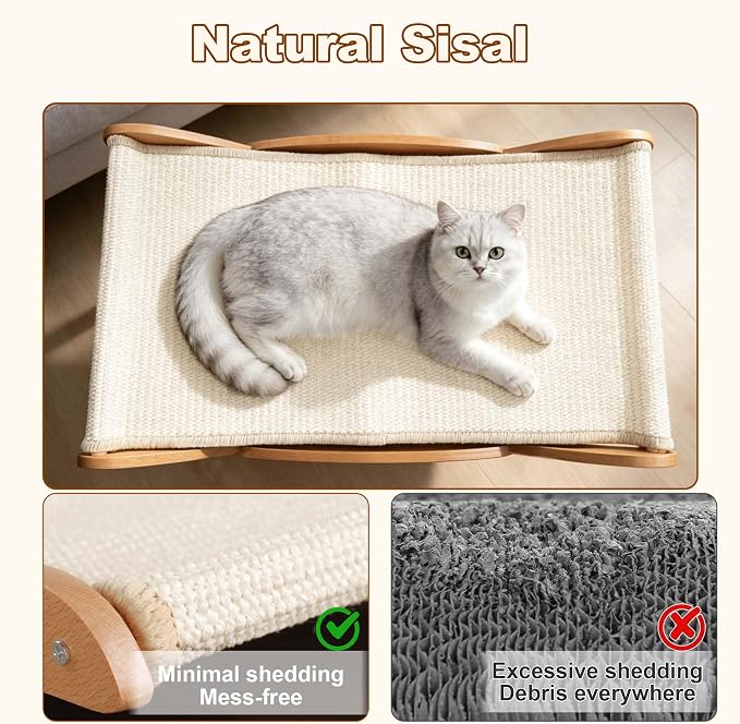 ANWA Cat Scratcher Bed for Indoor Cats, 26.4" Large Natural Sisal Scratchers for Cats with Solid Wood Frame, 2-in-1 Cat Scratch Pad Bed Combo, Cat Couch Lounger and Hammock, Easy Assembly