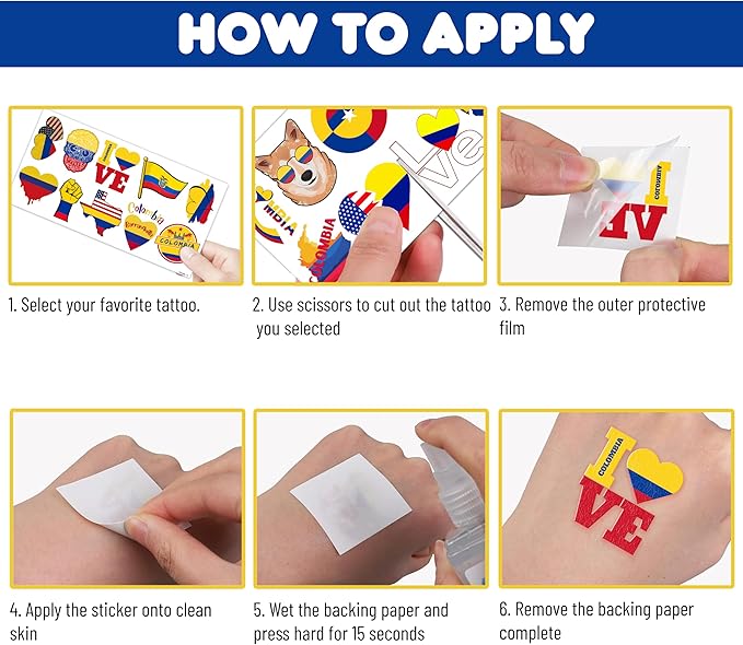 100PCs Colombia Temporary Tattoos Colombia Independence Birthday Party Decorations Favors Supplies Flag Themed Cute Stickers 10 Sheets Gifts for Baby Kids Girls Boys Class School Carnival Christmas