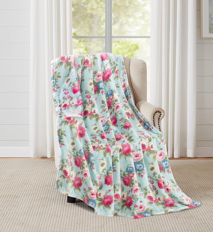 Spring Velvet Fleece Floral Throw Blanket: Rose Garden of Pink Blue Green Flowers on a Colorful Soft Cozy Aqua Design, Oversized 50" x 70"