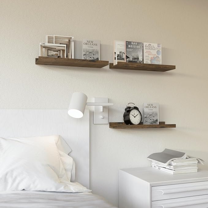 RICHER HOUSE 3-Set Floating Shelves with Lip, Brown Small Wall Shelf, 16In | Display Picture Ledge Shelf, Anti-drop lip Shelf for Room Wall Decor, Bedroom Bathroom Storage Nursery Books, Easy Setup,Wood