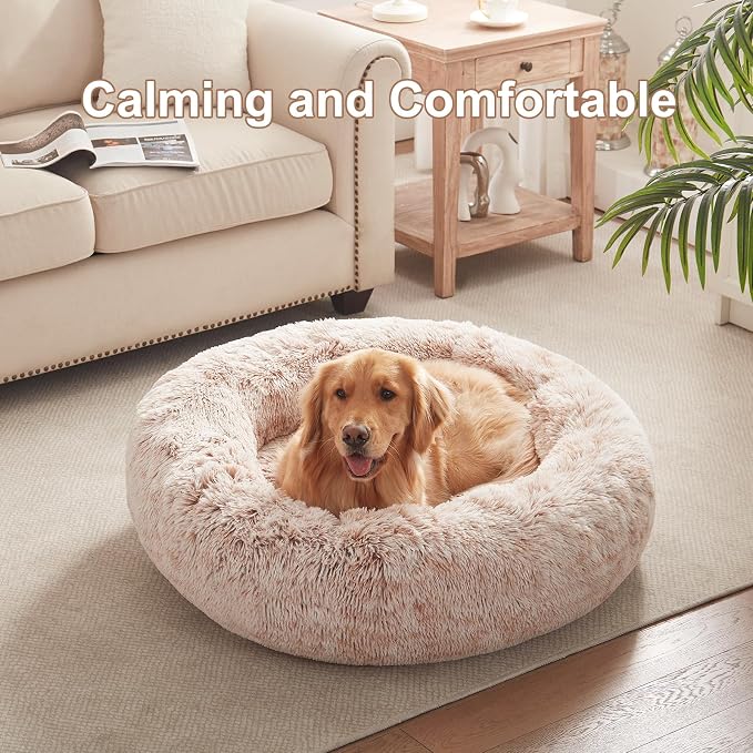 36 inches Faux Fur Fluffy Donut Dog Bed for Large Dogs,Brown | Calming Plush Round Pet Bed with Removable & Washable Cover,Fits up to 80 lbs Pets