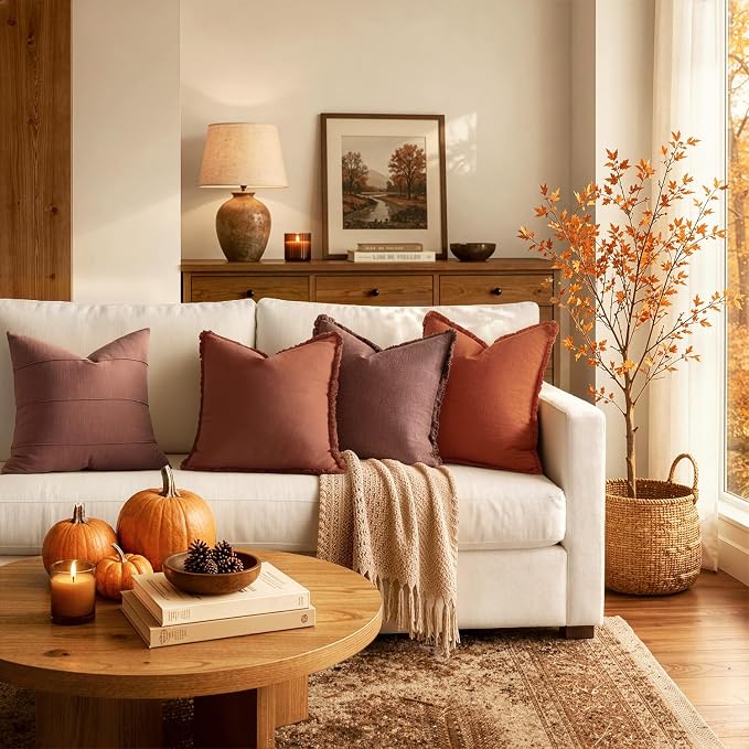 MIULEE Linen Fringe Decorative Fall Throw Pillow Covers Autumn Glaze 18x18 | Set of 2, Cottagecore Decor, Boho Farmhouse Neutral Pillow Covers, Rustic Fall Couch Cushion Cases for Sofa Bed Living Room