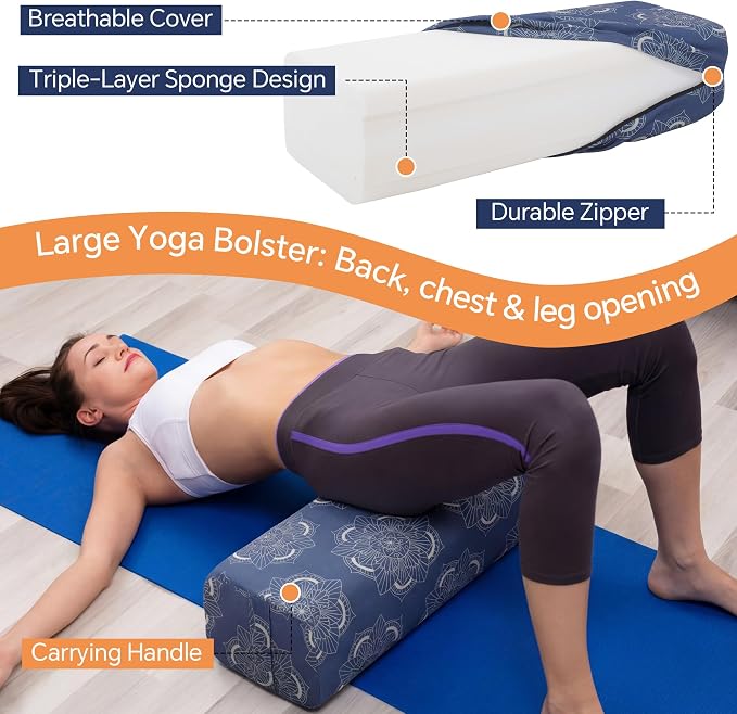 MABOZOO 2-Piece Yoga Bolster Pillow, Rectangular & Crescent Meditation Cushions with Removable Cover for Restorative Yoga, Meditation Accessories for Sitting on Floor
