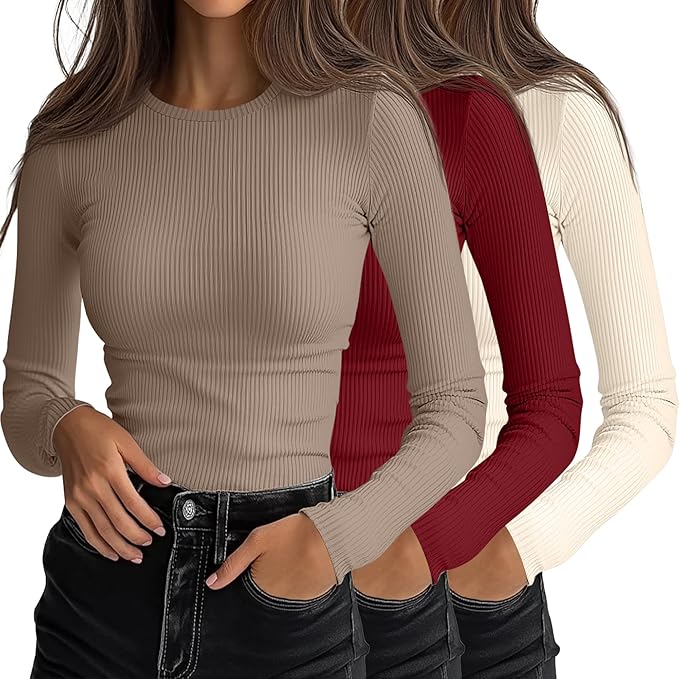 Ficerd 3 Pack Women's Ribbed Long Sleeve Tops, Crew Neck Slim Fit Undershirts Knit Basic Casual Stretch Layering Tee Shirts