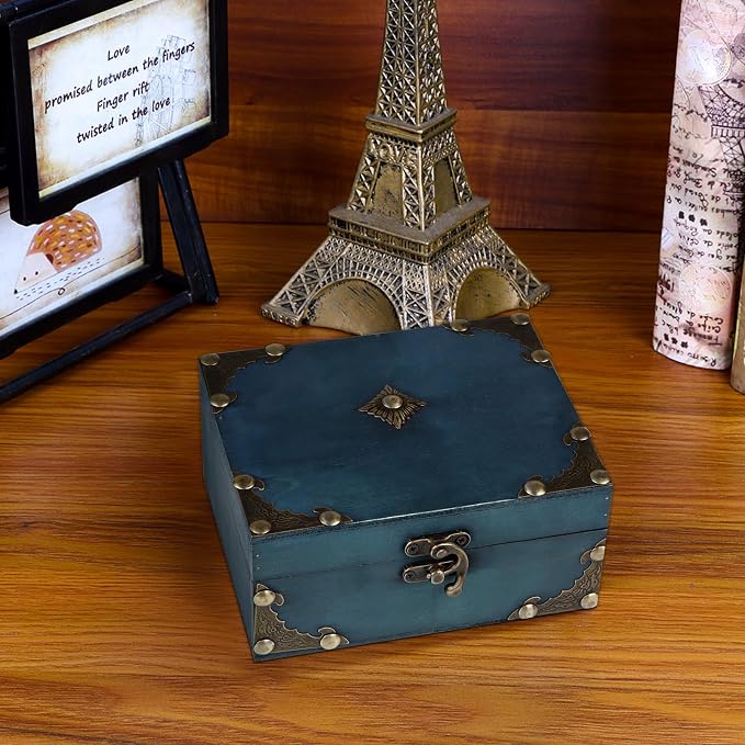 WaaHome Wood Treasure Box 5.5'' Small Decorative Teal Pirate Treasure Chest Jewelry Keepsakes Box for Kids Girls Boys Women Gifts Home Decor