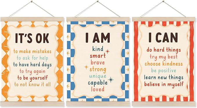 Koesus Inspirational Classroom Checkered Striped Wall Art Poster Hanger Frame 12x16 Inch Set of 3, Positive Affirmations for Kids, Motivational Canvas Pictures Prints Framed Wall Decor for Classroom Kids Room Playroom