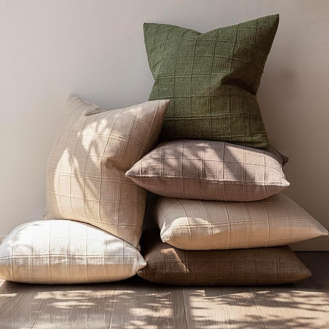 Foindtower Set of 2 Decorative Linen Check Throw Pillow Covers Neutral Farmhouse Vintage Cushion Covers Modern Boho Home Decor for Sofa Chair Couch Bedroom Living Room,20×20 Inch,Olive Green