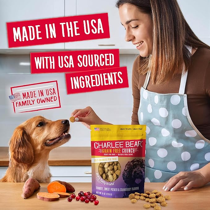 Charlee Bear Grain Free Dog Treats, Turkey, Sweet Potato & Apple, 8 oz | Pocket-sized Dog Training Treats, Crunchy Dog Treats, Limited Ingredient Recipe, Under 3 Calories per Treat, Made in USA
