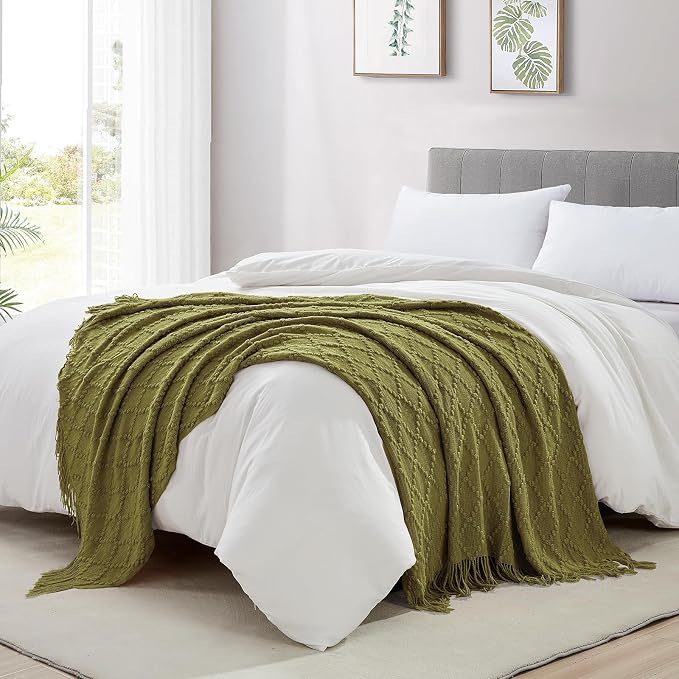 BOURINA Olive Throw Blanket 50 x70 Inch Jacquard Throw Knitted Blanket | Jacquard Argyle Throw Textured Solid Soft Throws and Blankets for Sofa or Bed Knitted Decorative Blanket