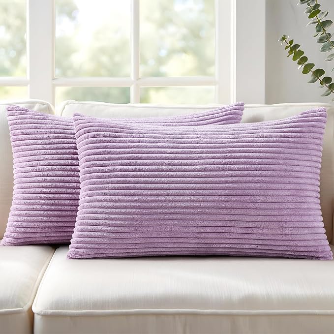 Mecatny Corduroy Decorative Throw Pillow Covers 12x20 Set of 2 Lilac | Soft Striped Texture, Hidden Zipper Design, Neutral Boho Lumbar Pillow Cases for Sofa Couch Living Room Bedroom, Home Décor