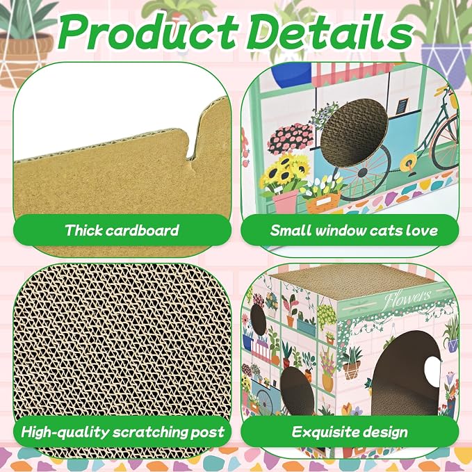 Cinrobiye Cardboard Cat House with 2 Pcs Scratching Pad，Pet Hideaway Cave Board Bed Playhouse Condo Box Decor Small Animals Scratcher Bed for Indoor Cats Kittens Rabbits Bunny