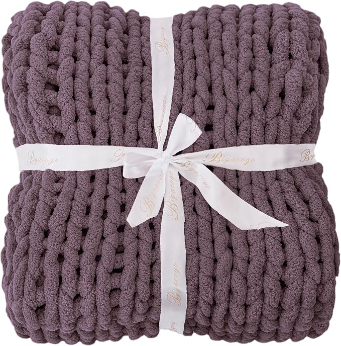 Bigacogo Chunky Knit Throw Blanket for Couch, 40x60 inches, Winter Grape | Hand Knit with Jumbo Chenille, Soft Breathable Cable Knit for Sofa Bed Living Room, Machine Washable, Gift for Mom Friend