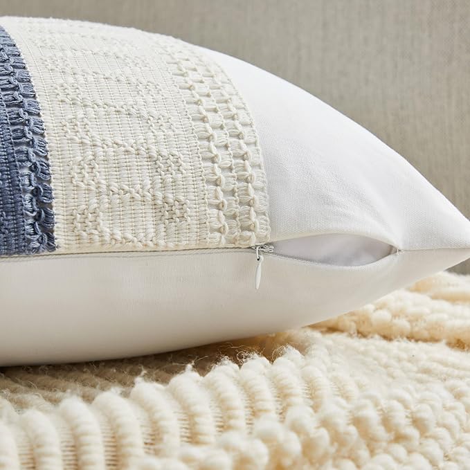 2pk Boho Pillow Covers 12x20, Natural White/Contrast/Blue | 100% Organic Cotton Body, Stripe Embroidery, Farmhouse Decorative Cushion Covers for Sofa Bed Living Room Home Decor