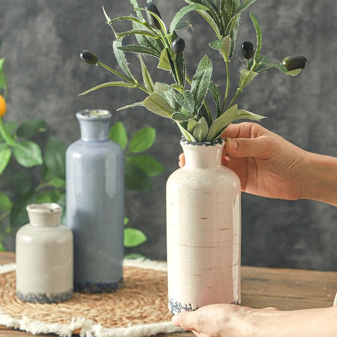 Ceramic Vase Set of 3, Neutral Flower Vases Home Decor, Pottery Rustic Farmhouse Decorative Vases Modern Decor for Table Mantel Entryway Bookshelf Living Room Kitchen Bedroom - Ocean