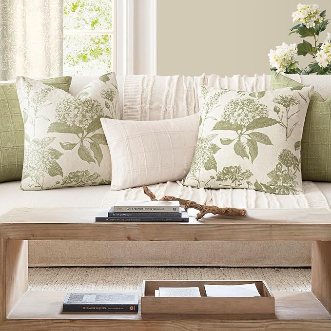 Foindtower Set of 2 Linen Floral Throw Pillow Covers Vintage Accent Print Decorative Cozy Cushion Covers Farmhouse Boho Home Decor for Sofa Chair Couch Bedroom Living Room,24×24 Inch,Light Green
