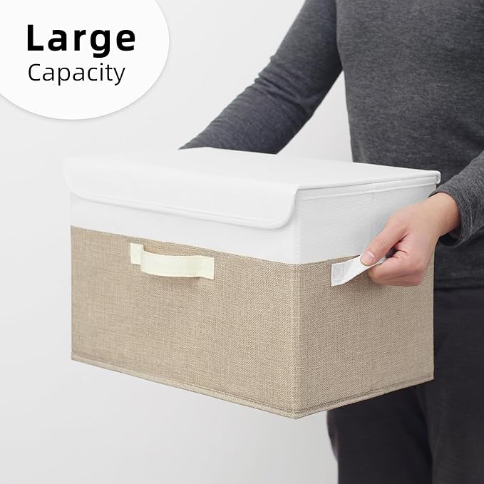 GRANNY SAYS Memory Keepsake Storage Box, Fabric Storage Bins with Lids | Flip-Top Lid, Collapsible, Stackable, 3 Handles, Ideal for Closet Clothes Blanket Toys, Large, Brown/White, 2-Pack