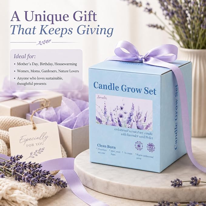 Cedar Scented Candle Planter, Lavender Seeds with Coco Coir, The Growing Candle 100% Soy Wax, Aromatherapy Candle, Ceramic Pot Home Decor Gift, Unique Gardening Gifts for Women Mom Plant Lover