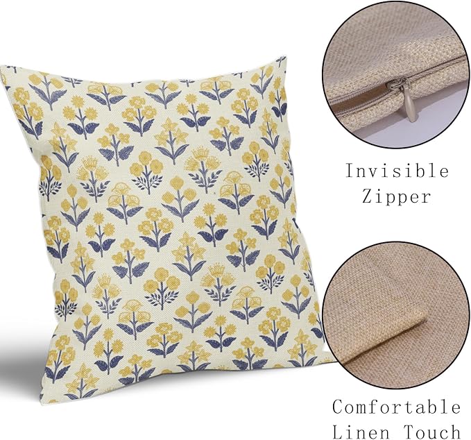 Navy Blue Yellow Floral Pillow Covers 22x22 Inch Set of 2, Vintage Flower Block Decorative Throw Pillowcases Outdoor Farmhouse Cushion Covers Spring Summer Rustic Decoration Sofa Couch Bed Decor