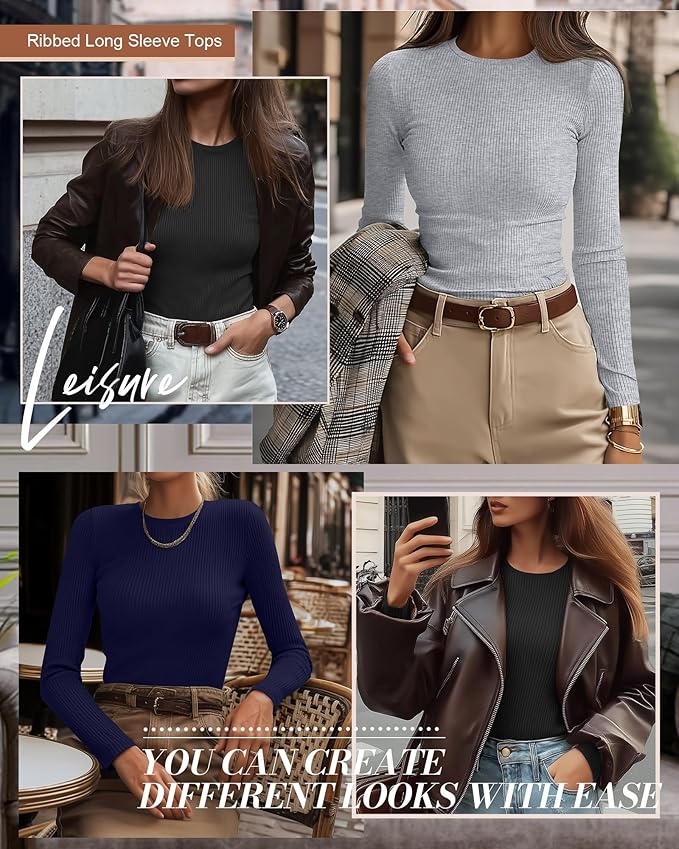 Ficerd 3 Pack Women's Ribbed Long Sleeve Tops, Crew Neck Slim Fit Undershirts Knit Basic Casual Stretch Layering Tee Shirts