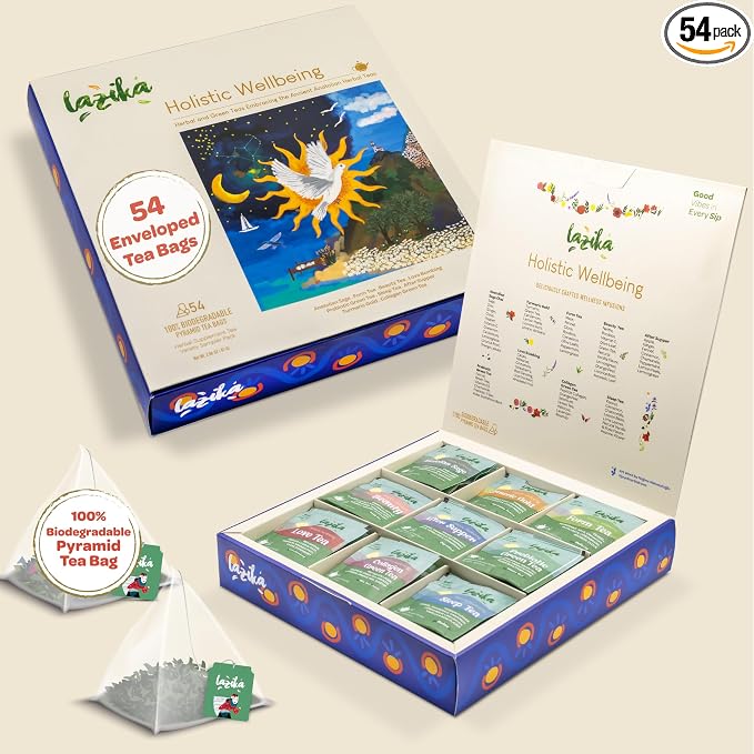 Lazika Herbal Tea Variety Pack with Lovely Presentation Box, 54 Counts, Holistic Wellbeing Tea Assortment Gift Set, Premium Collection with Pyramid Infuser Bag, Handcrafted