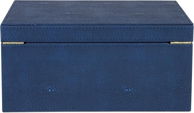 HofferRuffer Faux Leather Decorative Box, Large Wooden Structure Keepsake Box Accessory Organizer Jewelry Organizer with Hinged Lid, Storage Container for Home or Office (NavyBlue Shagreen)