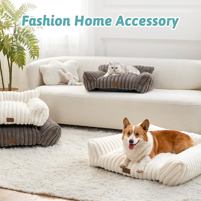 COZY KISS Cute Cat Couch, Fluffy Sofa Bed for Cats and Small Dogs, Premium Faux Rabbit Fur Cats beds for Indoor Cat, Ultra-Soft Supportive Pet Couch Furniture (Cream, M: 31.5''x23.5'')