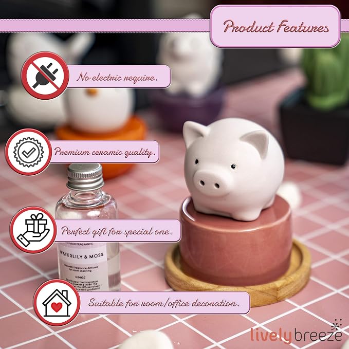 Pinky Pig, Diffusers for Essential Oils and Aromatherapy Fragrance, Non-Electric Ceramic, White Ceramic Oil Diffuser Car, White Ceramic Diffuser Bathroom and Desk Office Decor, Pink Vase