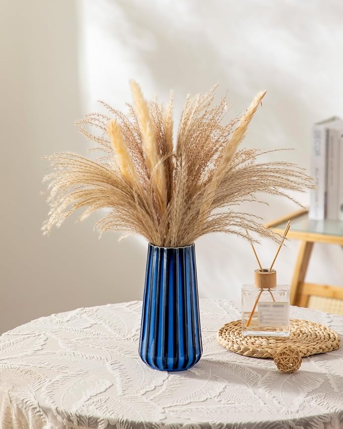 vancasso Ceramic Vase, 7.8 Inch Modern Ribbed Glossy Decorative Vase, Flower vase for Home Decor, Living Room, Bedroom, Office Decor, Blue
