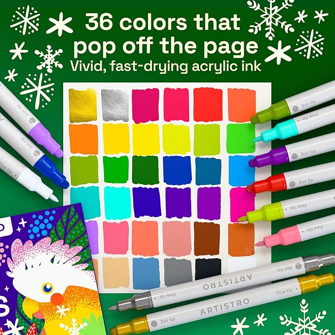 ARTISTRO 36 Acrylic Paint Markers for Rock, Fabric, Wood, Glass, Craft, Decoration - Dual-Tip Paint Pens - Stocking Stuffers, Christmas Gift Idea for Teens, Grandkids, Kids - Art Supplies