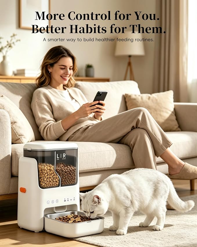 Automatic Cat Feeder, Dual Hopper for Meals & Treats, App Control | Two dry food choices, app feeding plans, 5L capacity, removable bowl, and backup power option for indoor feeding.