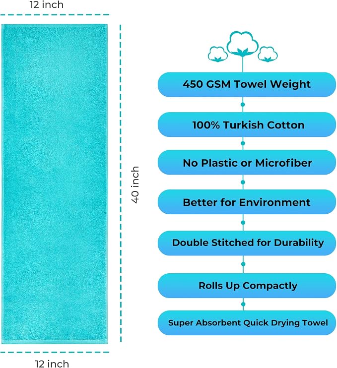NUKURA 12’’ x 40’’, 450 GSM Sweat Towel, Extra Absorbency 100% Cotton Towel, Running, Pickleball, Gym, Neck Towel, Tennis, Camping, Turquoise