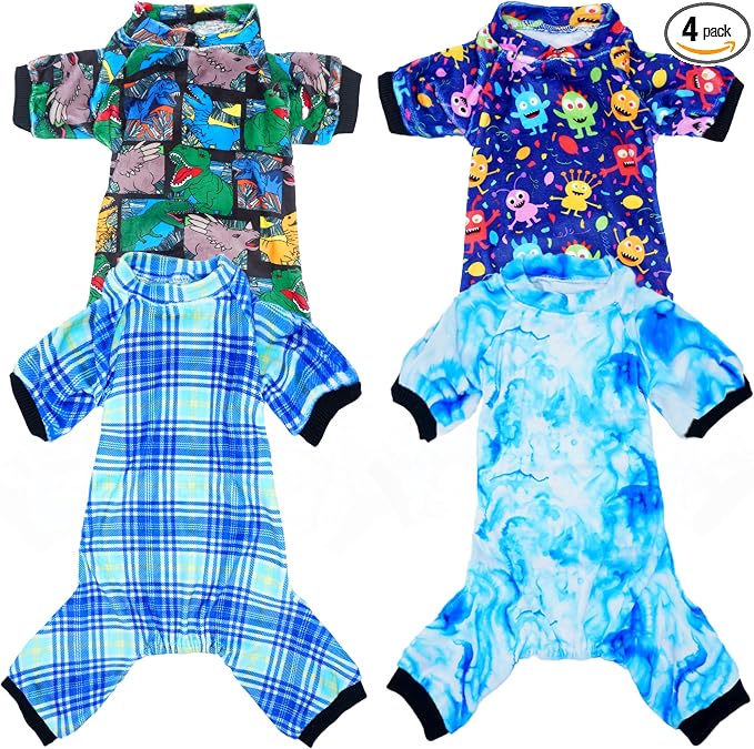 PET SHOW 4 Pack Boy Fleece Dog Pajamas Warm for Large Dogs | Soft stretchy dogs onesies,male blue pjs with sleeve,holiday jumpsuit costume for large pets,XL