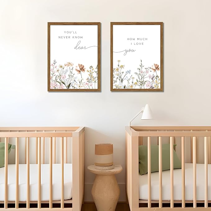 Wood Framed Wildflower Nursery Wall Art Set of 2, Boho Flower Botanical Wall Decor Paintings, Baby Girl Nurseries Pictures Posters Prints for Nursery Baby Room Bedroom Home Decoration 12x16 Inch