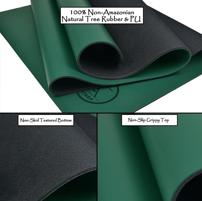 Tatago Hot Yoga Mat Non Slip-Professional Grade Natural Rubber Yoga Mat, Pliates Mat, Stretching Mat or exercise mats for home workout. Nonslip for Hot and Sweaty Classes. Includes Yoga Strap for Carrying and Stretching too.